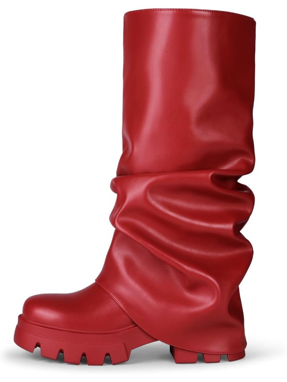 Women's Red Faux Leather Fold Over Slouch Knee High Fashion Trendy Y2K Boots - Picture 1 of 7